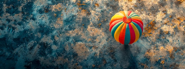 Un colorido globo aerostático flota sobre un paisaje de textura accidentada desde una perspectiva aérea de arriba hacia abajo