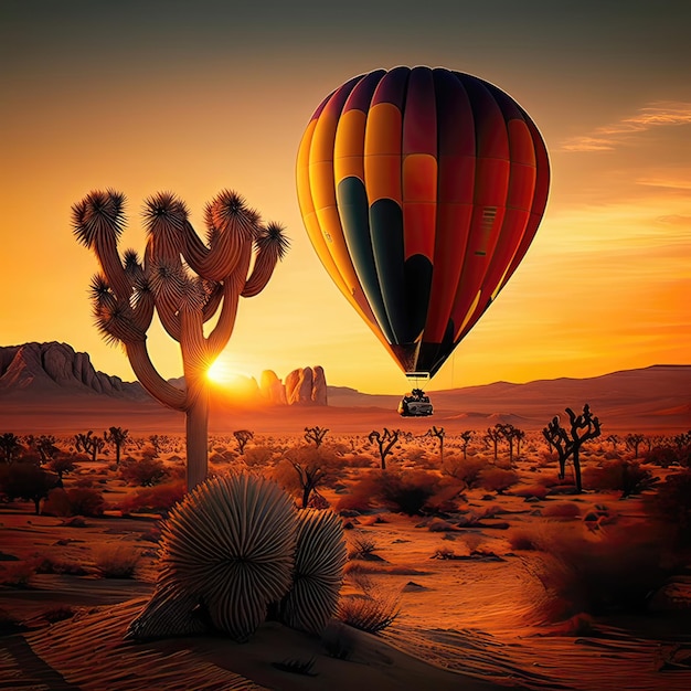 El colorido globo aerostático flota suavemente por el cielo, sus rayas y patrones de colores brillantes contrastan con el fondo azul AI