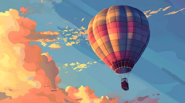 Un colorido globo aerostático volando sobre las nubes al atardecer