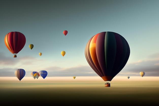 Un colorido globo aerostático vuela sobre un cielo azul con la palabra aire caliente.