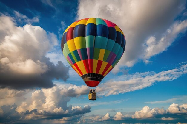 Un colorido globo de aire caliente flotando por encima de las nubes