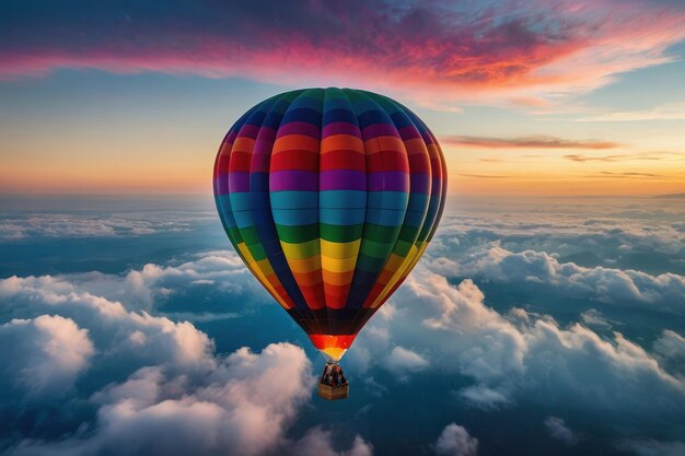 Foto un colorido globo de aire caliente flotando por encima de las nubes