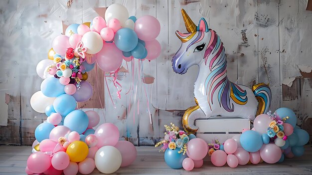 Foto colorido globo de unicornio con flores y globos de colores pastel perfecto para una fiesta de cumpleaños