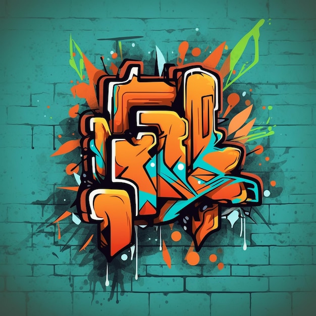 un colorido graffiti con letras naranjas y verdes sobre un fondo azul.