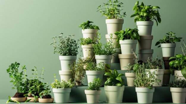 Un colorido grupo de plantas en maceta dispuestas en una mesa que crean una exhibición armoniosa