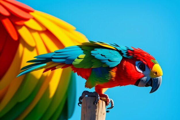 Foto el colorido guacamayo que habla, el pájaro mascota, el papel tapiz, la ilustración de fondo, la fotografía en alta definición.