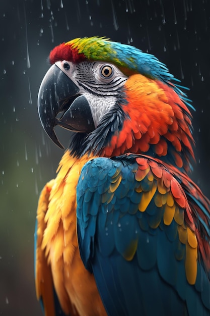 Un colorido guacamayo se sienta bajo la lluvia.