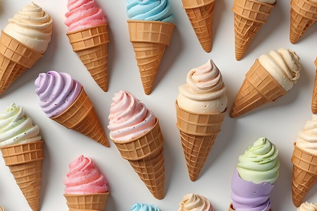 Colorido helado en conos de waffle en fondo blanco vista superior