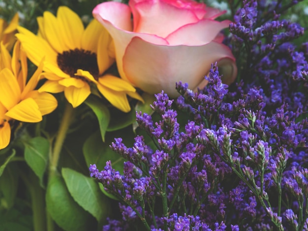 Colorido hermoso ramo de primavera closeup rosas girasol flores de color púrpura