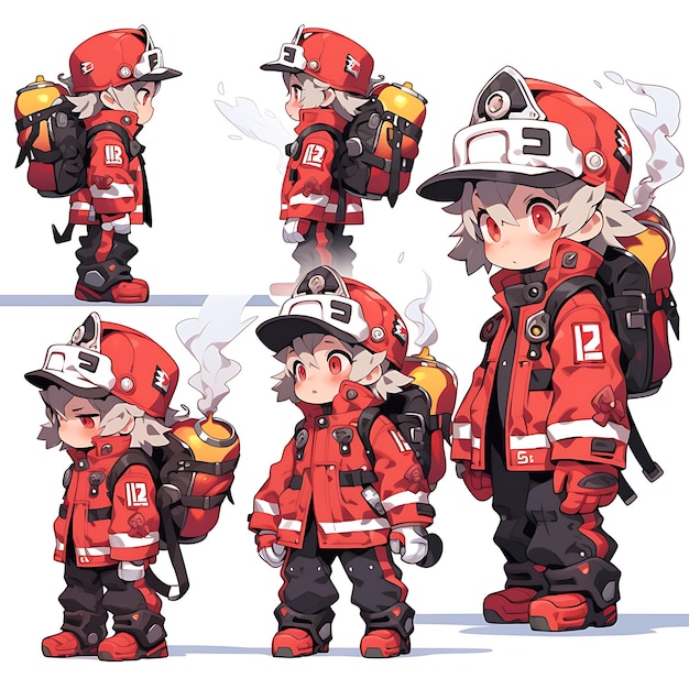 Colorido Hombre Chibi Kawaii Equipamiento de protección de bomberos Colores rojos Diseño de colecciones creativas de abeto