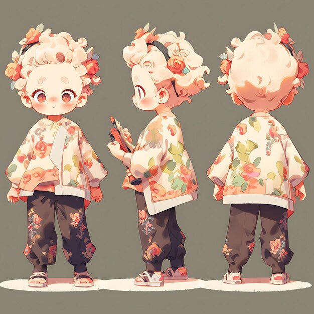 Colorido Homem Chibi Kawaii Florista Camiseta Floral Cores Terráneas Podagem Design de Coleções Criativas