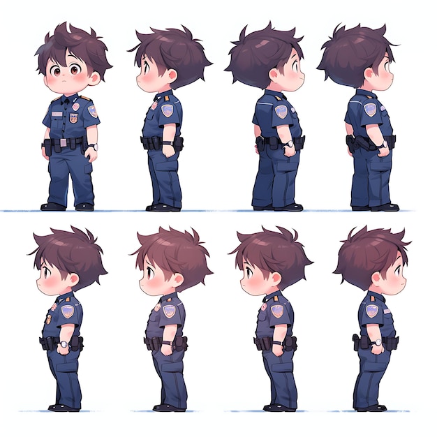 Foto colorido homem chibi kawaii oficial de polícia uniforme cores azuis manilhas design de coleções criativas