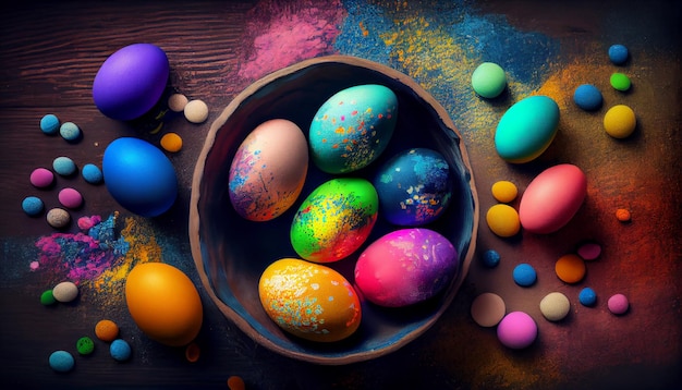 Un colorido huevo de Pascua se sienta en un bol con huevos de colores sobre la mesa.