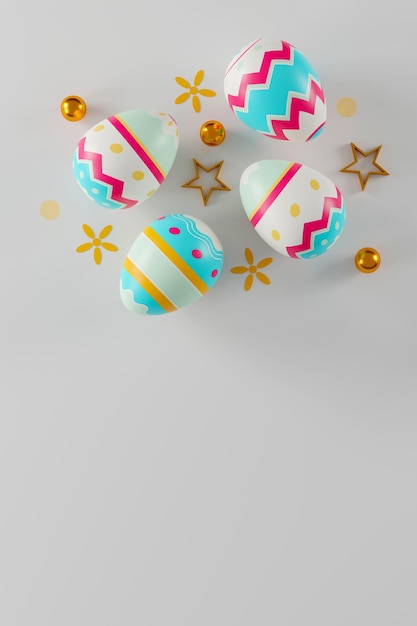 Un colorido huevos de Pascua sobre fondo blanco Feliz día de Pascua concepto vista superior ilustración 3D