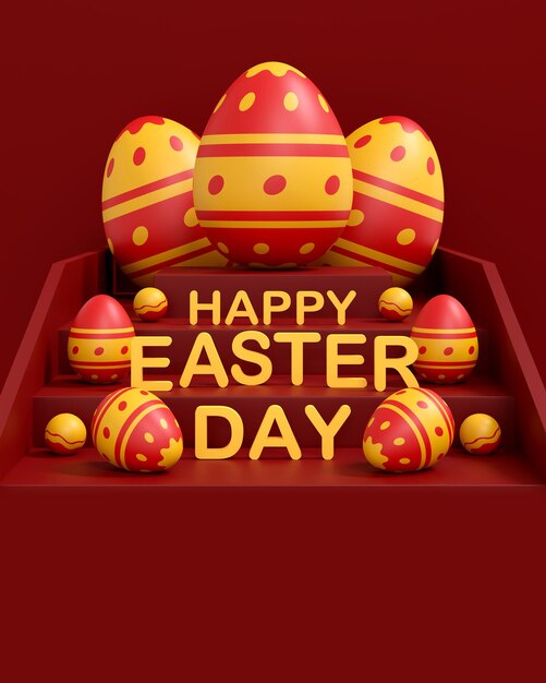 Un colorido huevos de Pascua sobre fondo rojo Feliz día de Pascua concepto ilustración 3D