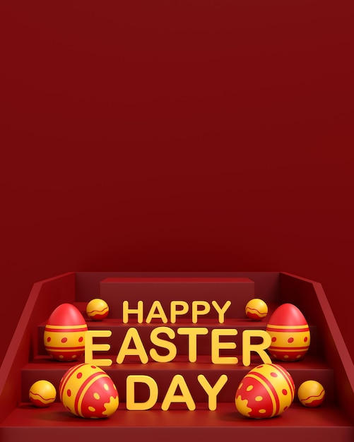 Un colorido huevos de Pascua sobre fondo rojo Feliz día de Pascua concepto ilustración 3D