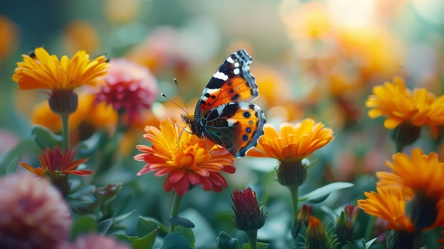 Colorido jardín de caléndula con flores vibrantes y una mariposa pintada en la cima de una flor