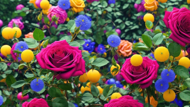 Un colorido jardín con flores y una bola amarilla.