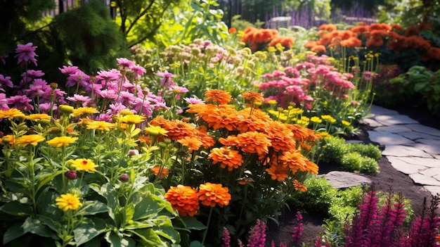 Un colorido jardín de flores con una variedad de flores.