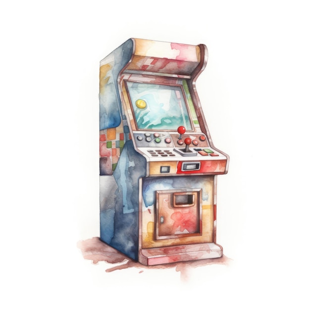 Colorido juego de arcade de acuarela sobre fondo blanco.