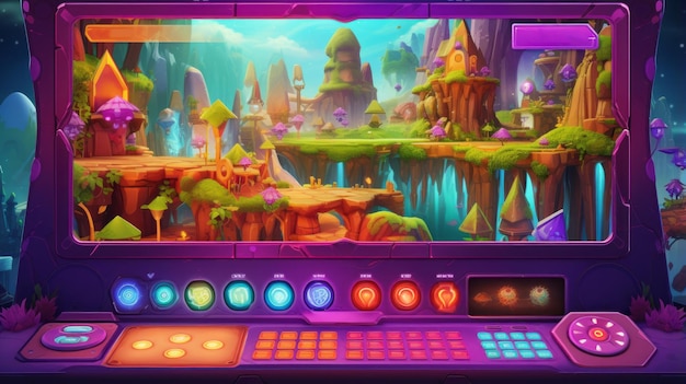 Colorido juego de computadora para niños mundo mágico casas y árboles