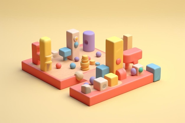 un colorido juego de lego con bloques y una pared de ladrillos.