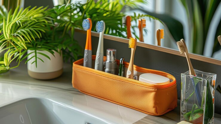 Un colorido kit de cepillo de dientes de viaje en un baño que incluye cepillos de dientes de bambú y plástico