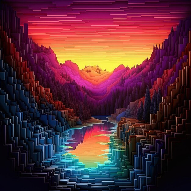 un colorido lago de montaña con un río y montañas en el fondo