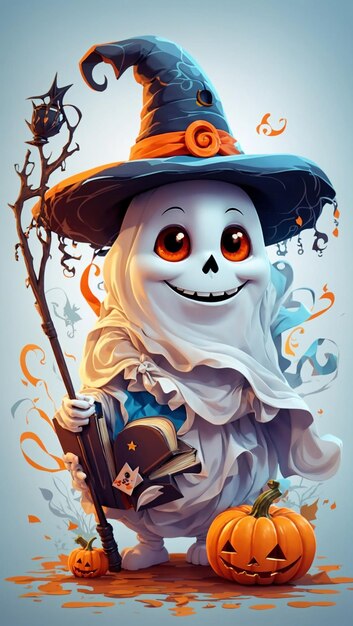 Un colorido y lindo fantasma Boo usa un sombrero de bruja sostiene un libro y una pluma junto a una linda calabaza de Halloween