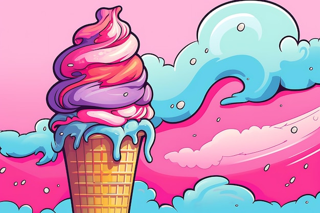 Colorido line art helado de fresa en cono