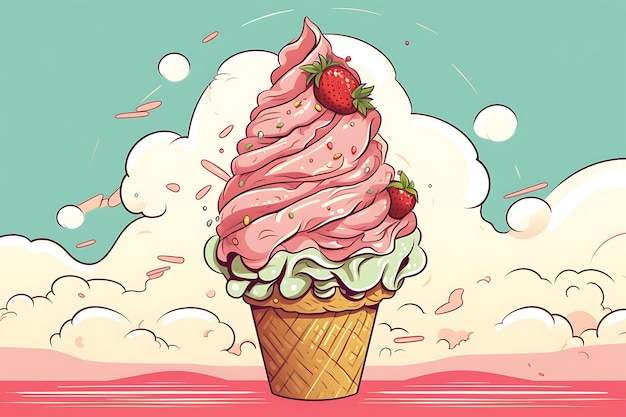 Colorido line art helado de fresa en cono