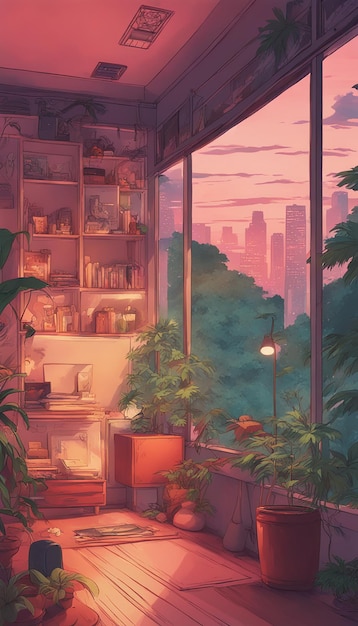 Colorido Lofi Interior Vazio Anime Estilo Manga com Jungle View Cozy Chill Vibes e HipHop Atmosphe...