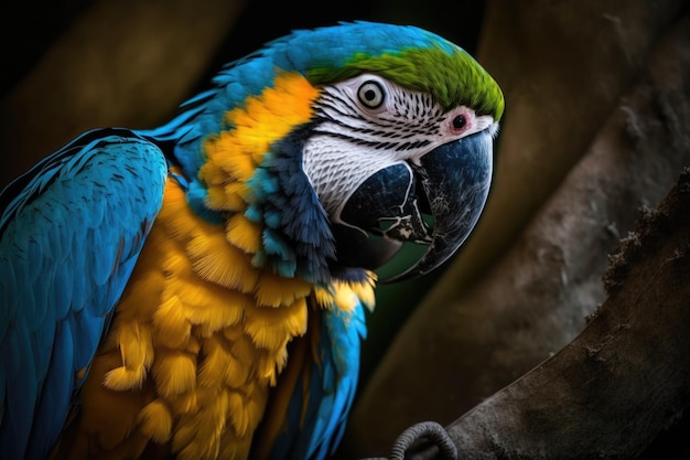 Un colorido loro guacamayo come y mira a la cámara mientras lo hace