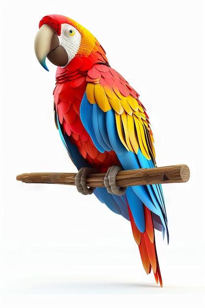 El colorido loro del guacamayo escarlata sentado en una rama de madera sobre un fondo blanco