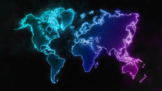 Colorido mapa del mundo sobre fondo oscuro, colorido mapa del mundo que brilla intensamente, fondo espacial