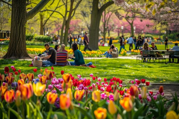 Un colorido mar de tulipanes en flor envuelve a alegres familias que hacen picnic en un extenso parque público