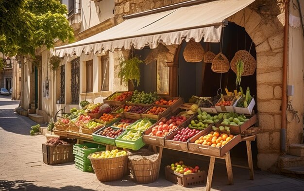 Colorido mercado al aire libre con puestos que ofrecen una variedad de productos naturales.