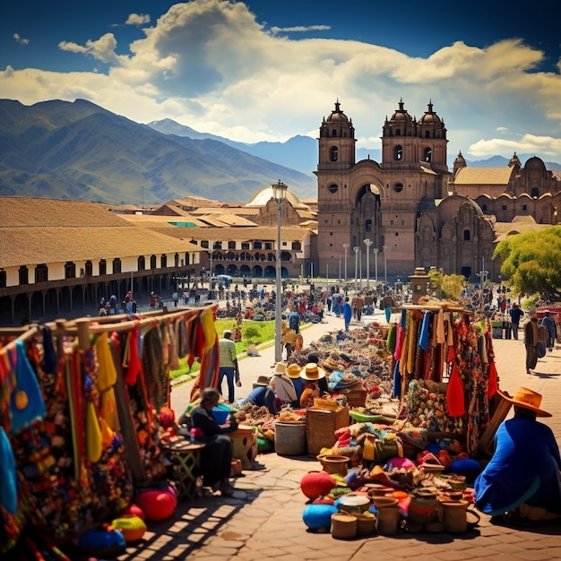 El colorido mercado en Cusco con mochileros y Machu Picchu como telón de fondo