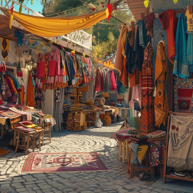 Foto el colorido mercado gitano español, un mercado vibrante y bullicioso con telas y alfombras