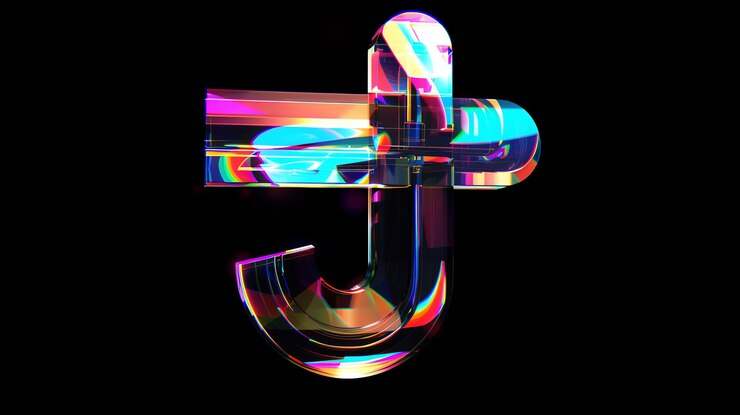 Foto un colorido modelo 3d de vidrio abstracto de la letra j sobre un fondo negro