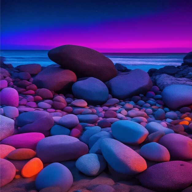 COLORIDO monte de pedras sentado em cima de uma praia À MEIA-NOITE