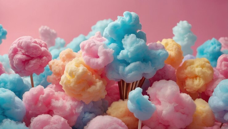 Foto un colorido montón de algodón de azúcar con un rosa azul y amarillo parecido a nubes