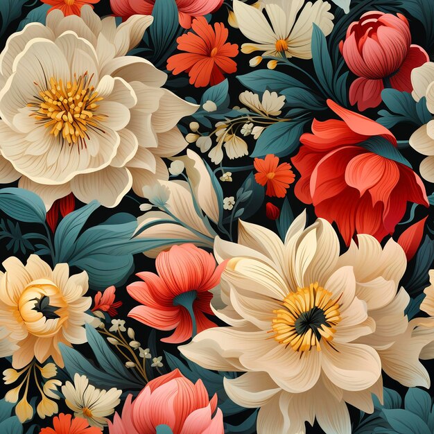Colorido mosaico floral de jardín de primavera sin costuras creado con IA generativa