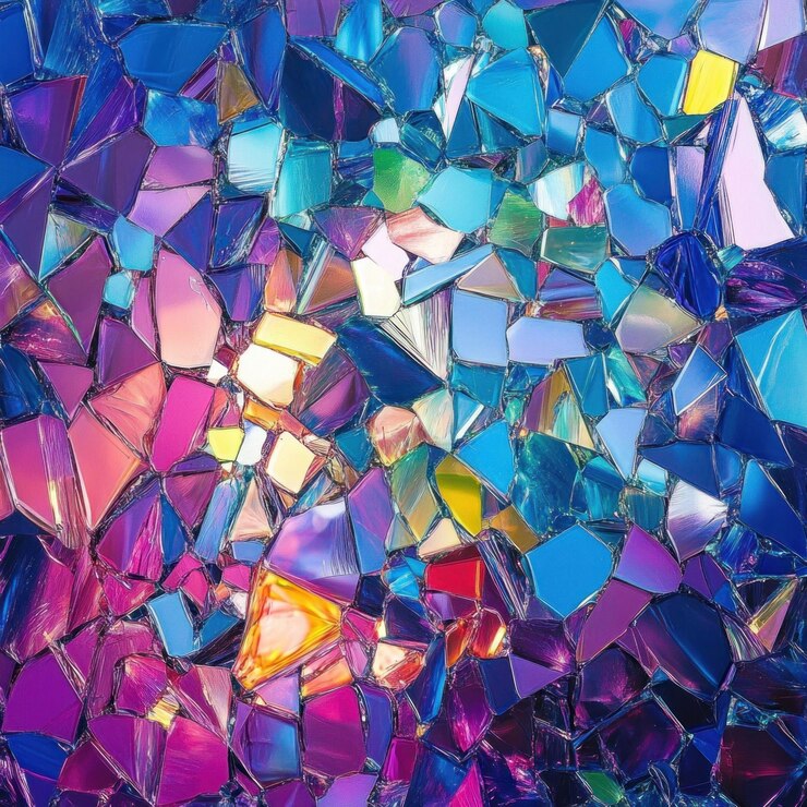 un colorido mosaico de vidrio y piezas de vidrio púrpura