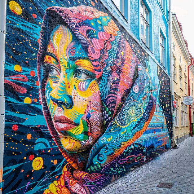 Foto el colorido mural de la cara de la mujer en la calle de tallin