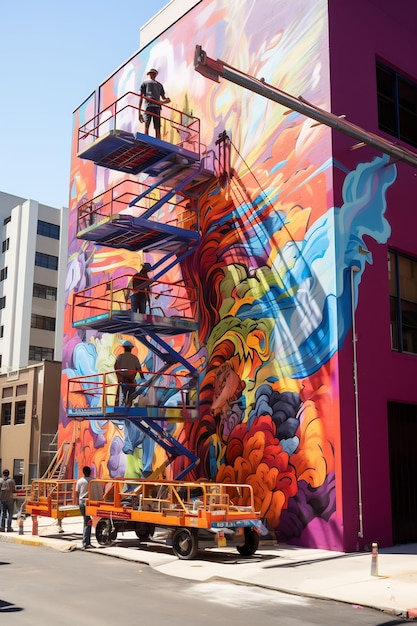 un colorido mural de un edificio con gente al costado