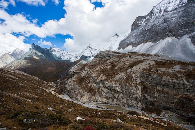 Colorido na floresta de outono e montanha de neve na reserva natural de Yading, o último Shangri la