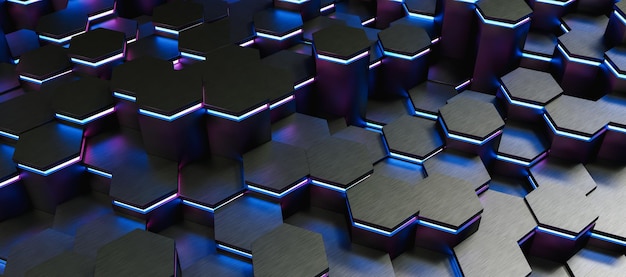 colorido neón brillante uv luces azules y púrpuras patrón de fondo de hexágonos abstractos, imagen del concepto de juego - Representación 3D - Ilustración