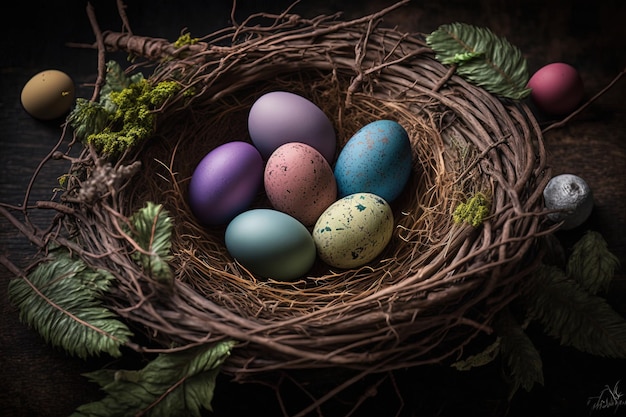 Colorido nido de pascua con huevos de pascua