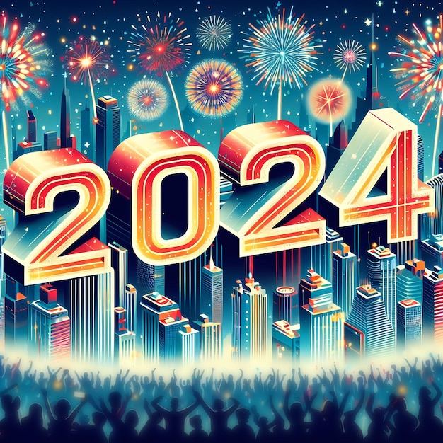 Colorido número de Año Nuevo 2024 contra los fuegos artificiales y la ciudad a medianoche